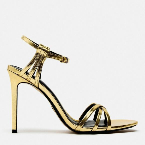Zara Metallic Gold Strappy Heels Glam Night Out Size 39 4.5" Heel - Picture 1 of 14